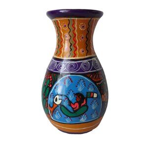 Vintage Mexican Pottery Decorative Vase Hand Painted Folk Art Tonal Terracotta